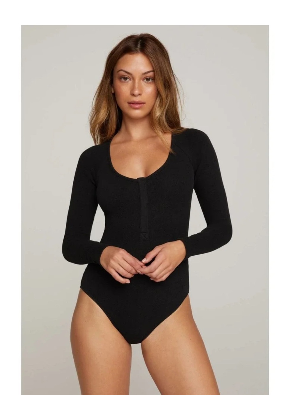 Good American Henley Black Long Sleeve Bodysuit Size 0